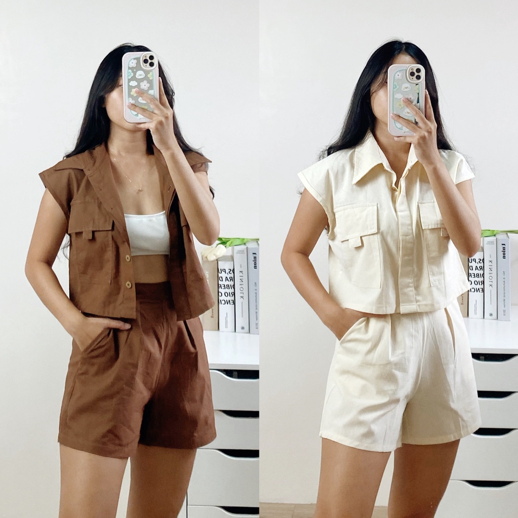 ESSENTIELMANILA Linen Cargo Top + High Waist Shorts Set EM137 Shopee Philippines