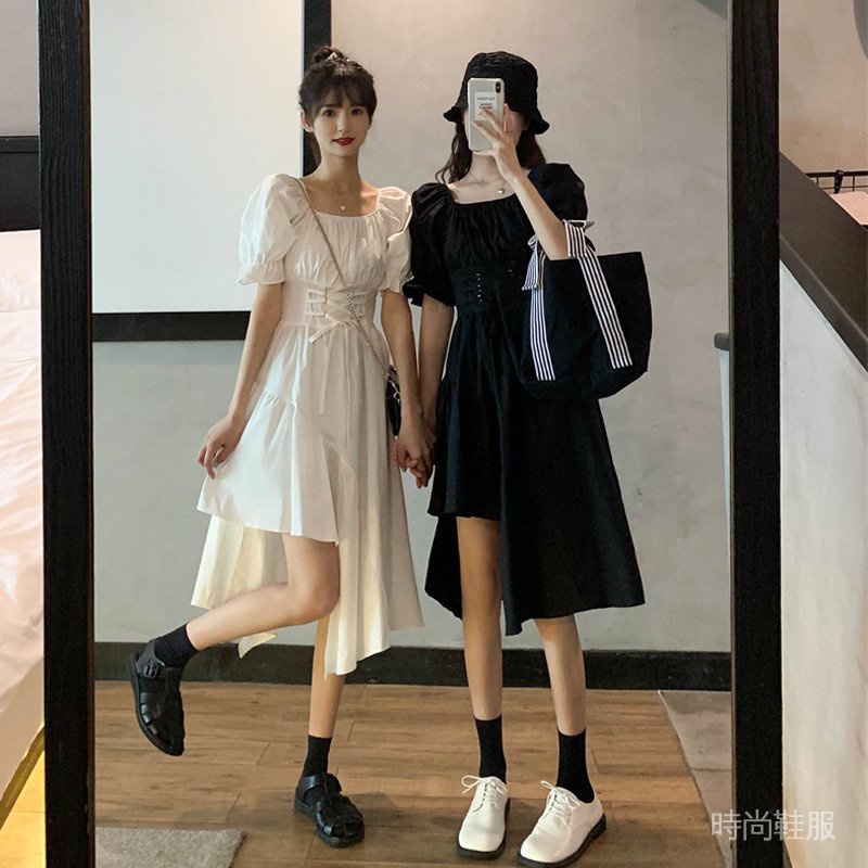 Women S Summer Mid Length Bubble Sleeve Over Knee Long Dress Shopee Philippines