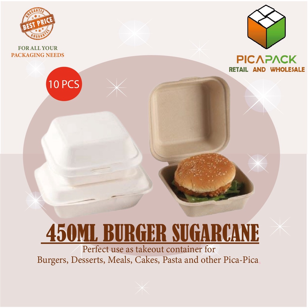 [10pcs] 450ML Biodegradable Burger Sugarcane Container/Clamshell Box ...