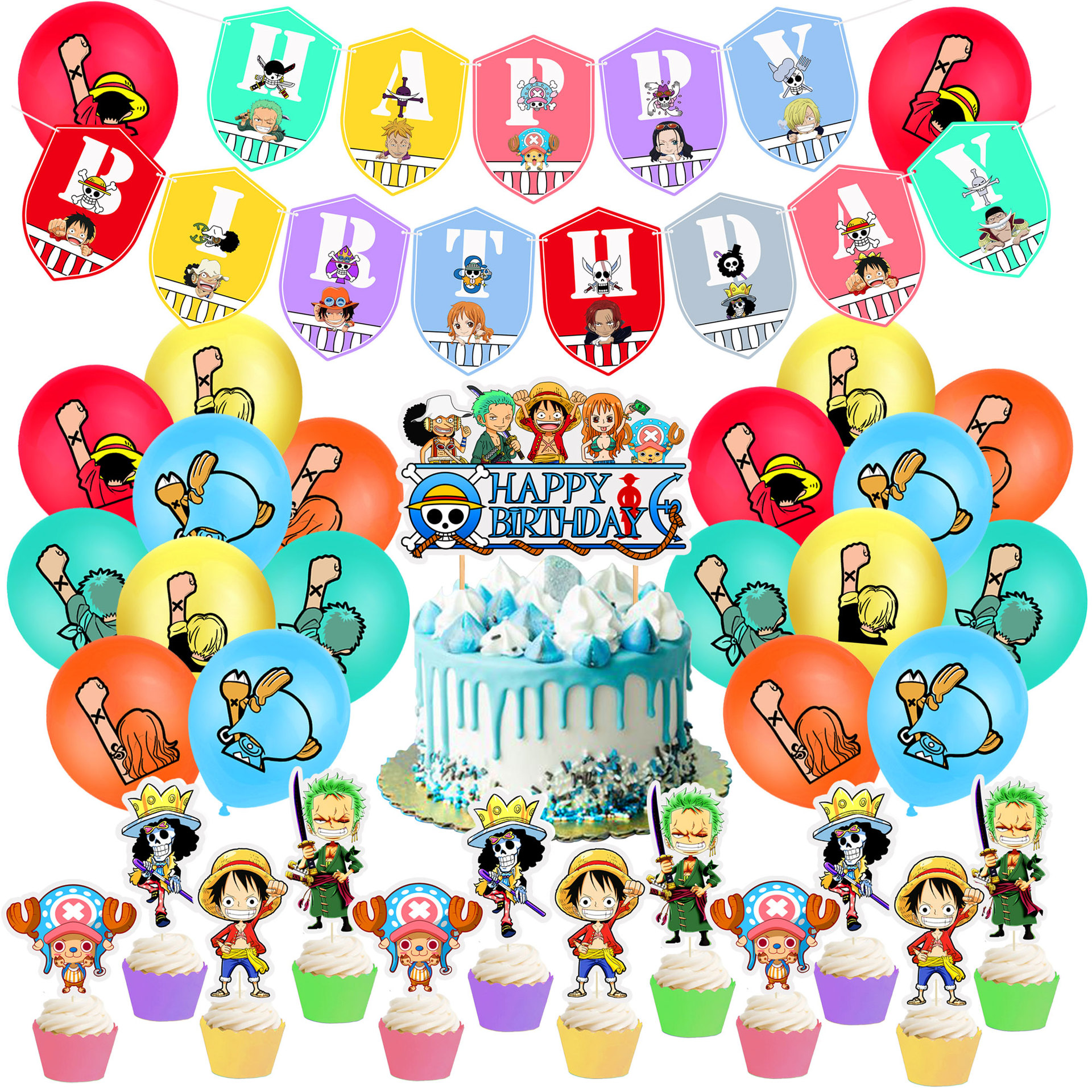 One Piece Anime Theme Birthday Party Supplies Happy Birthday Banner Cake Topper Cupcake Toppers Latex Balloons Shopee Philippines