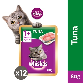 WHISKAS Cat Food Wet Pouch - Tuna Flavor Wet Food for Cats Aged 1+ Years (12-Pack), 80g.
