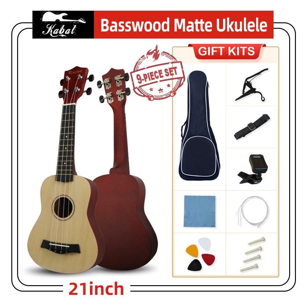 Kabat 9Pcs 21 Inch Beginners Soprano Basswood Ukulele Wooden Ukelele Guitar Set With Accessories