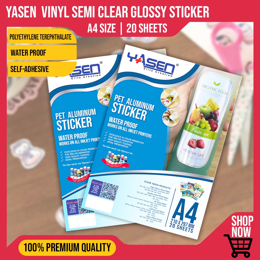 Vinyl Sticker Semi Clear PET A4 Size 20 Sheets Printable YASEN Brand ...
