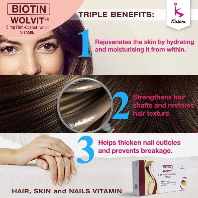 Biotin Wolvit 5mg Film-Coated Tablet  Approved, for Hair, Skin  & Nails. | Shopee Philippines