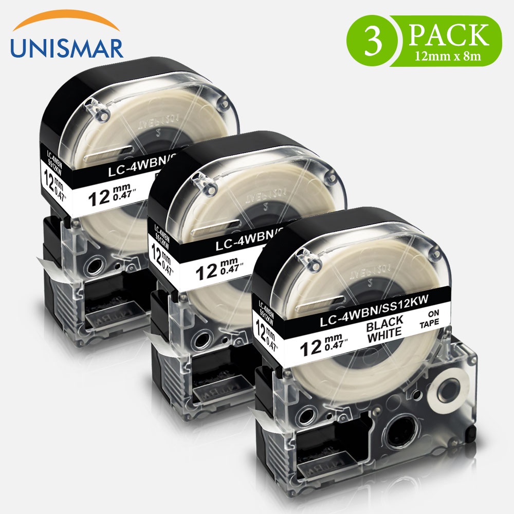 3PK SS12KW Compatible Epson Label Tape 12mm LK-4WBN LC-4WBN for KingJim ...