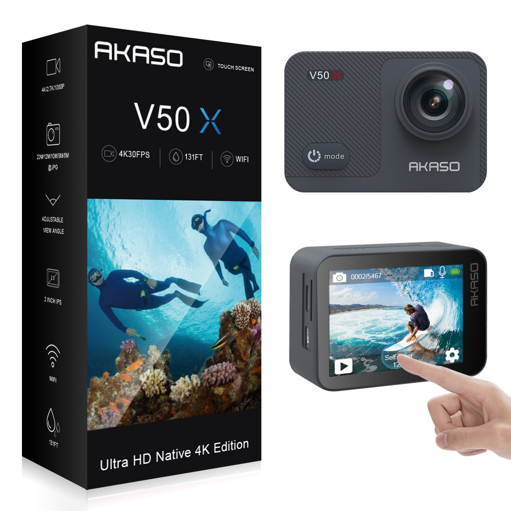 AKASO V50X 4K WiFi Action Camera with EIS Touch Screen 4X Zoom 131 feet Waterproof Camera Remote