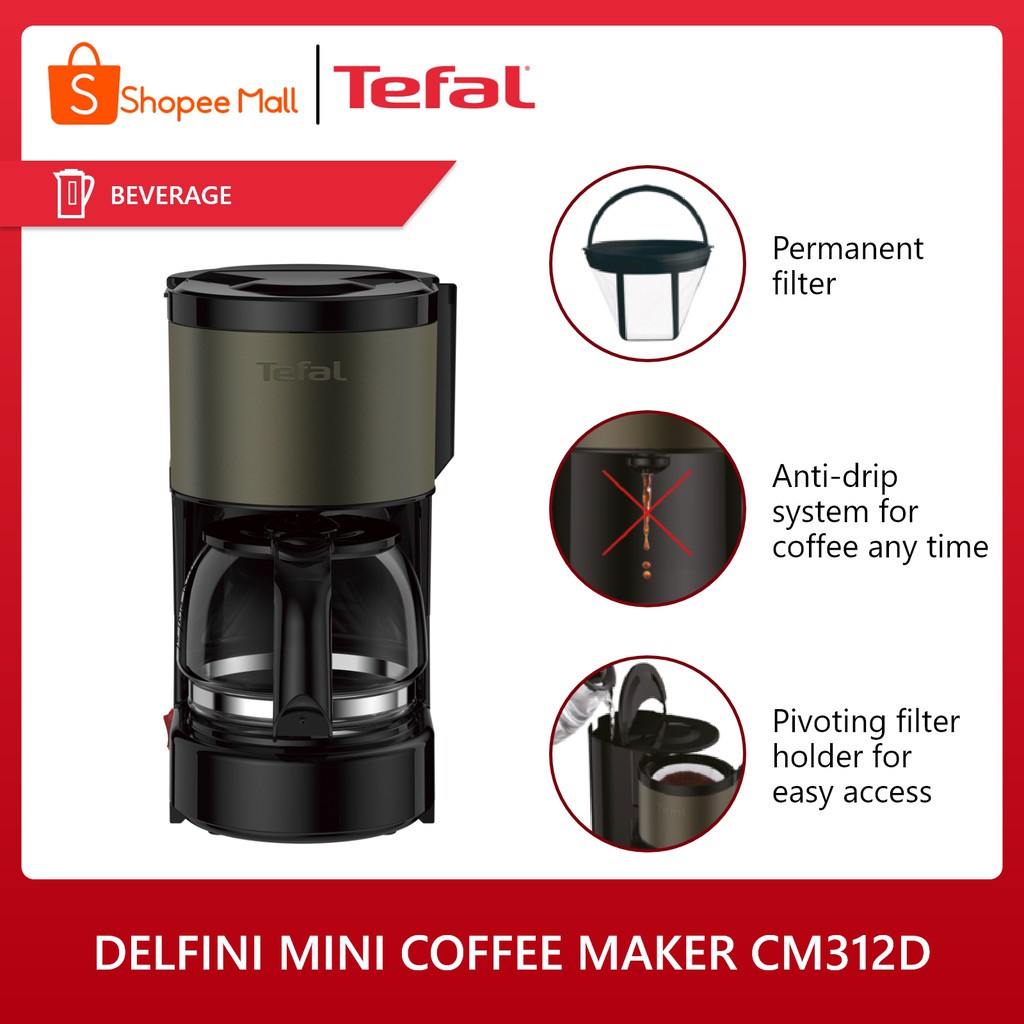 TEFAL Delfini Mini Coffee Maker CM312D 6Cup Easy Clean Filter, Anti