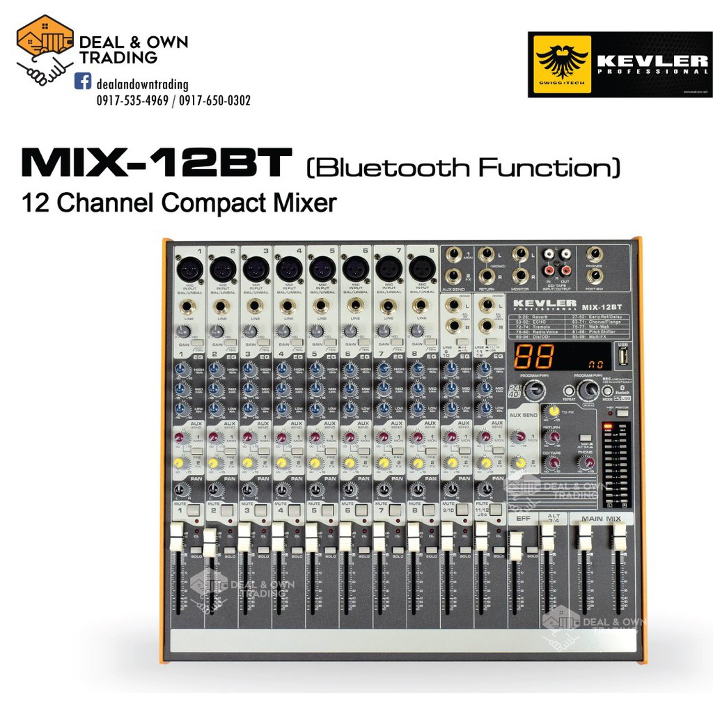 Kevler MIX-12BT Professional Mixer with 12 Channel 8 Mic / Line 2 Aux