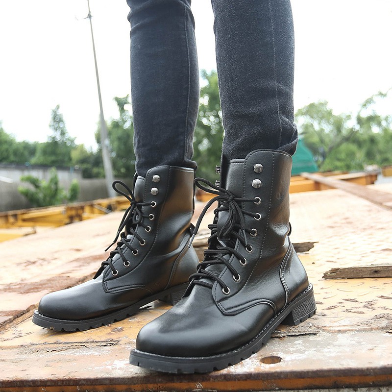 Bestseller Korea Mid Calf Black Boots Women’s Lace Up Shoes | Shopee ...