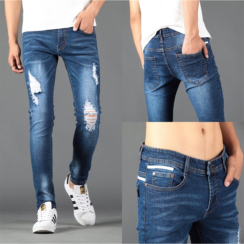 [ LESO ] Tattered Jeans For Men Skinny Stretchable Pants-7575 | Shopee ...