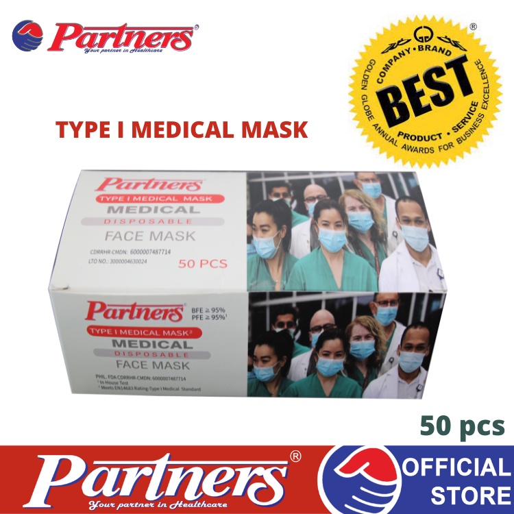 Partners Medical Face Mask Hospital Grade 3Ply Type 1 with Earloop Disposable (50Pcs in Box