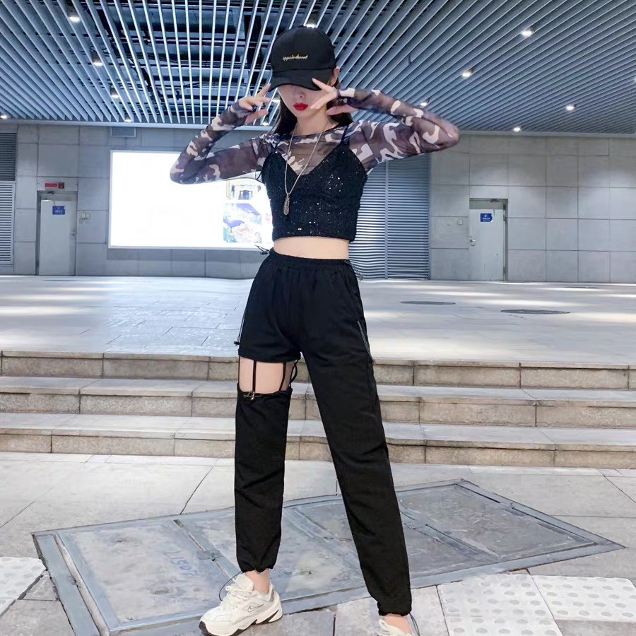 blackpink Lisa korean style jazz dance clothing set women Camouflage long  sleeve T shirt + High waist loose trousers pants | Shopee Philippines