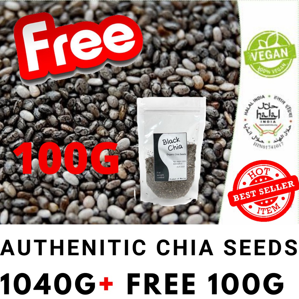 Authentic Chia seeds Organic Black Chia Seeds 1kg + FREE 100g Vegan