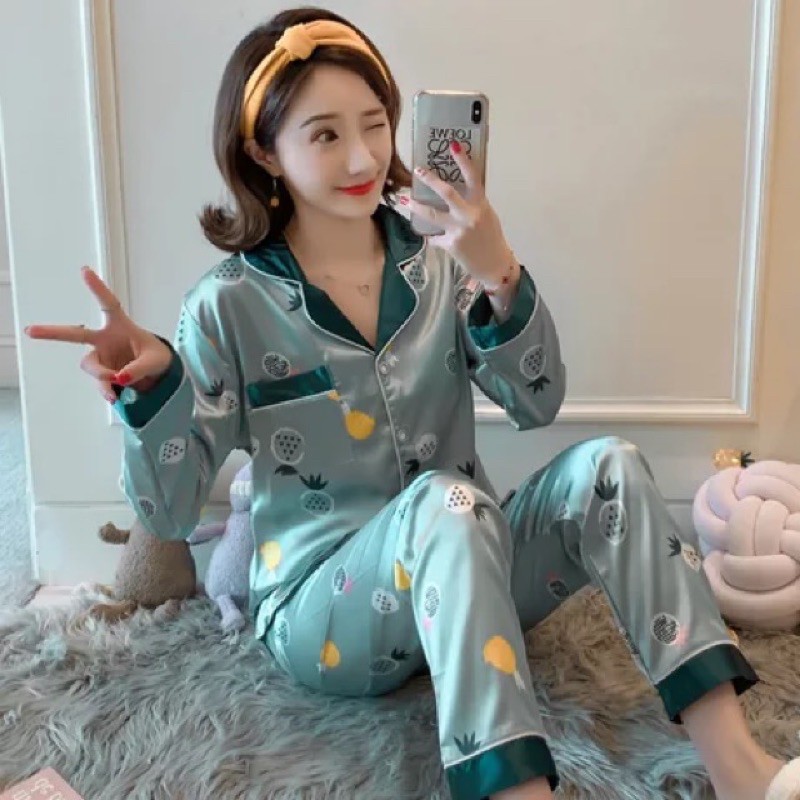 New Korean Style Silk Satin Longsleeve Women Sleepwear Nightwear Pajama