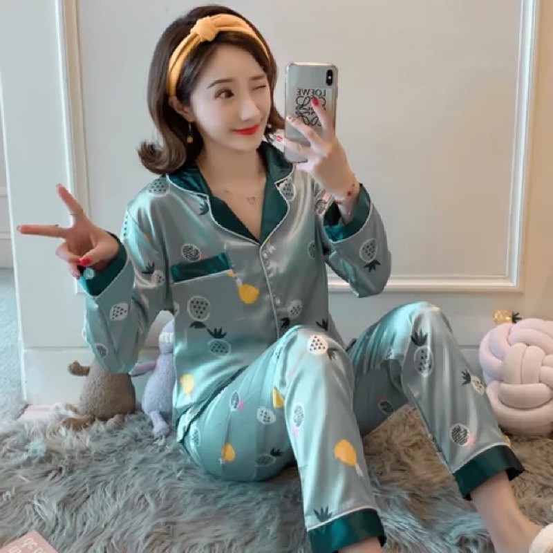 New Korean Style Silk Satin LongSleeve Women Sleepwear Nightwear Pajama