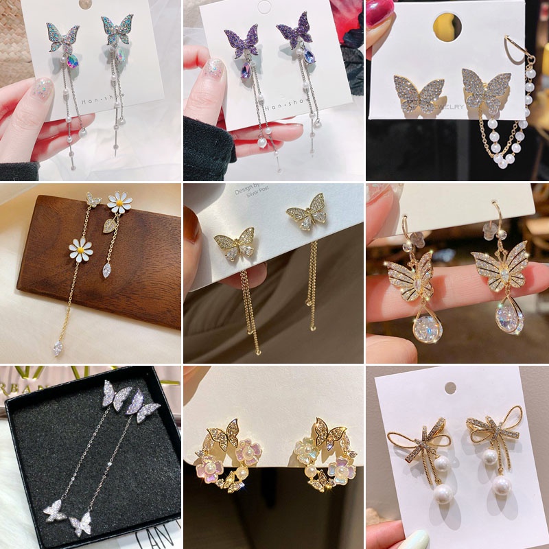 S925 Silver Butterfly Dangling Earrings Cute Long Tassel Earring Korean