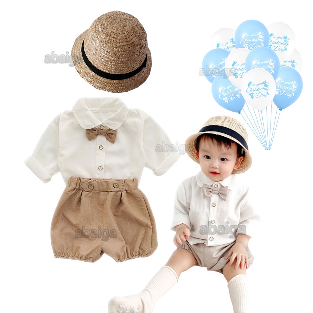 Christening Clothes for Baby Boy Set Cute Long Sleeve Shirt with Bow