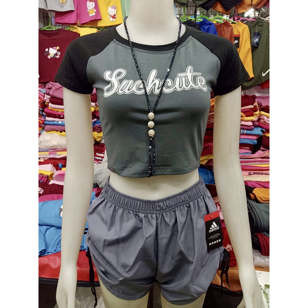 Crop Top Terno Such Cute with Full String Taslan Short Terno Crop