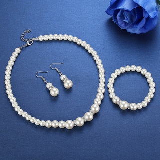 blg Vintage Pearl Beaded Chain Drop Earrings Costume Wedding Jewelry Set White Faux Pearl Bracelet and Necklace for Fami