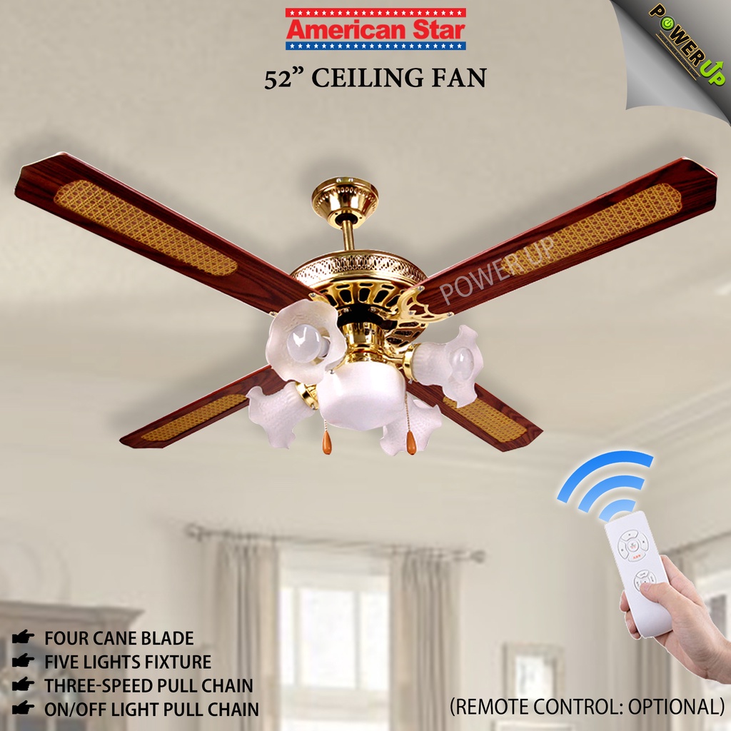 American Star Ceiling Fan 52" 4 Cane Blade with 5 Light Fixture with Option for Remote Control