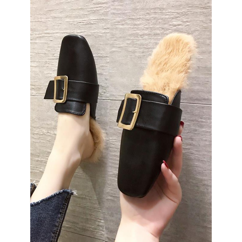 flat mules with fur