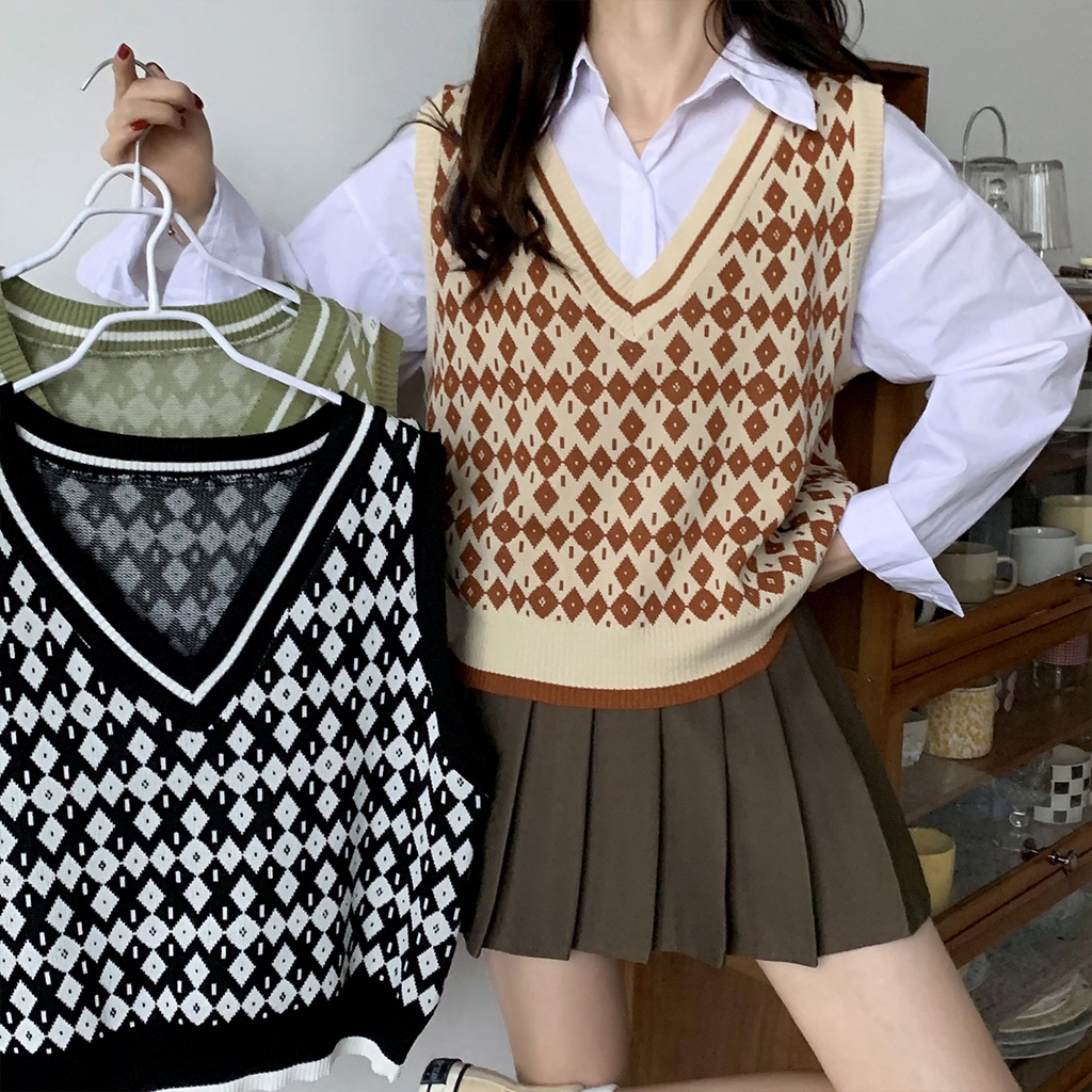 Korean women's loose v-neck knit vest | Shopee Philippines