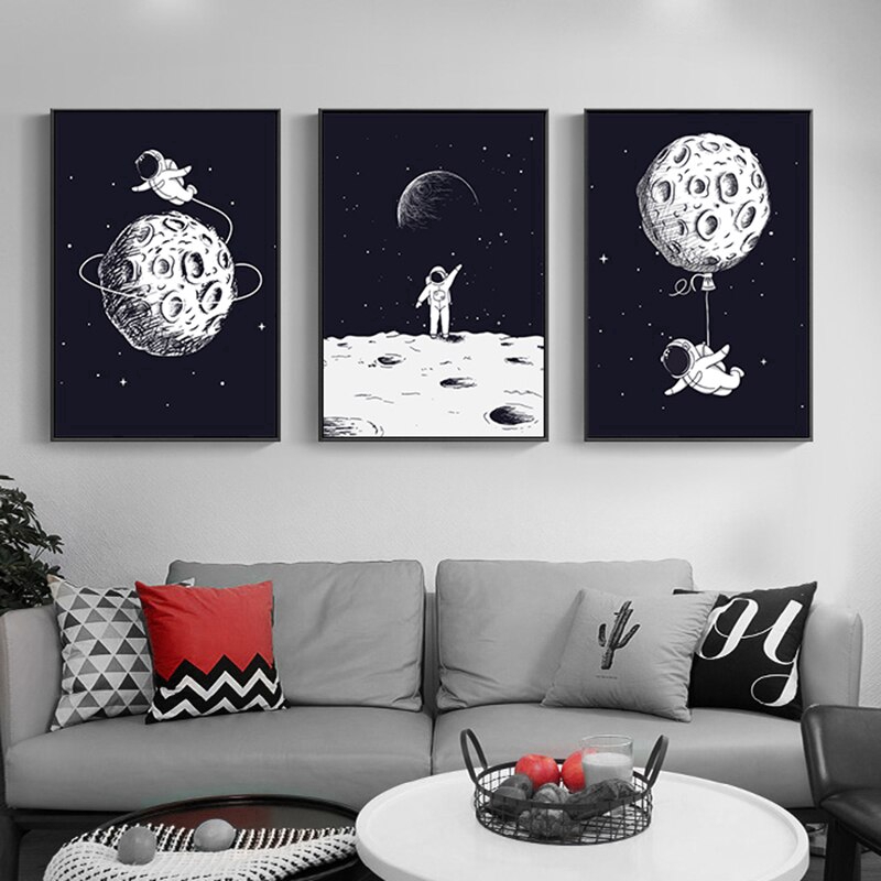 Nordic Poster Black and White Astronaut Canvas Painting Cartoon Moon Wall  Art Print Pictures Modern Home Decor | Shopee Philippines