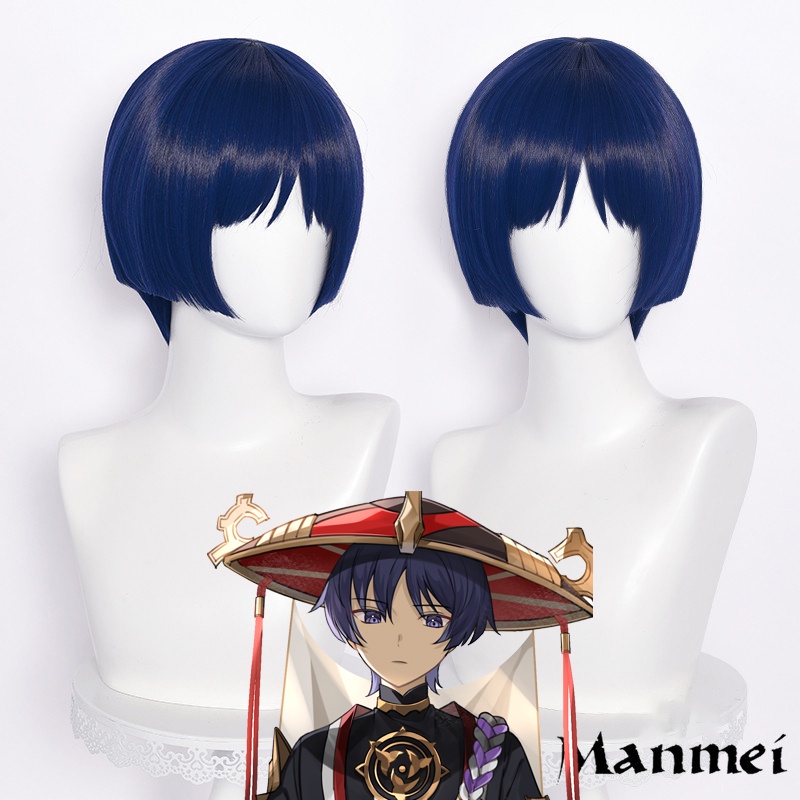 Genshin Impact Cosplay Scaramouche 30cm Wig Blue Purple Black Wig ...