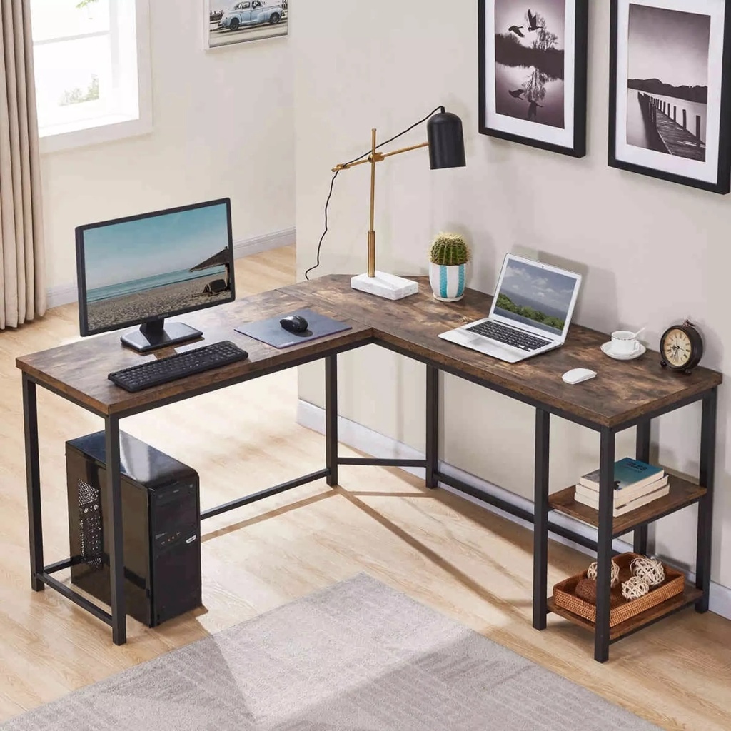 L-shaped Computer Desk Industrial Wood and Metal Sturdy Corner Table ...