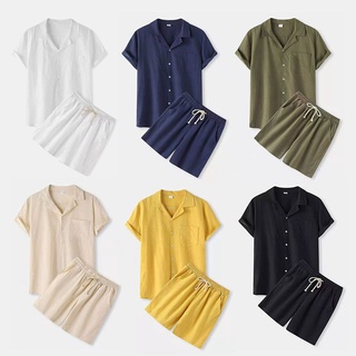Cross-border 2022 summer new men's solid color short-sleeved T-shirt shorts suit men's cotton linen casual suit male A24