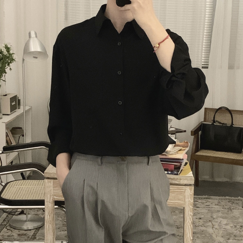 MOLLGE Black Shirt Men Korean Long Sleeve Shirt Trend Summer Thin Loose ...