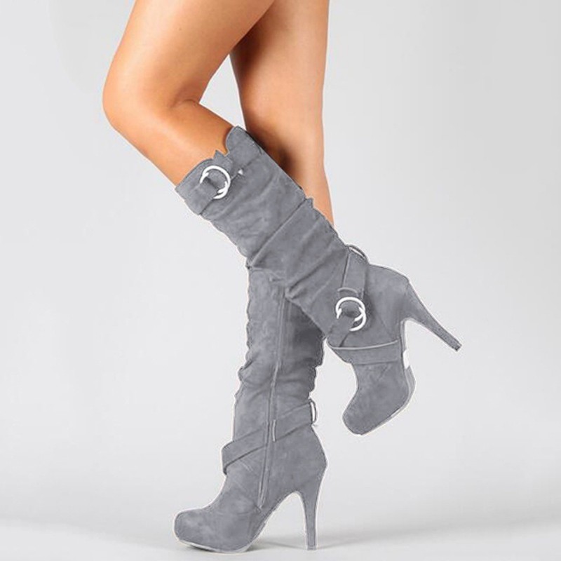 grey suede knee high heel boots