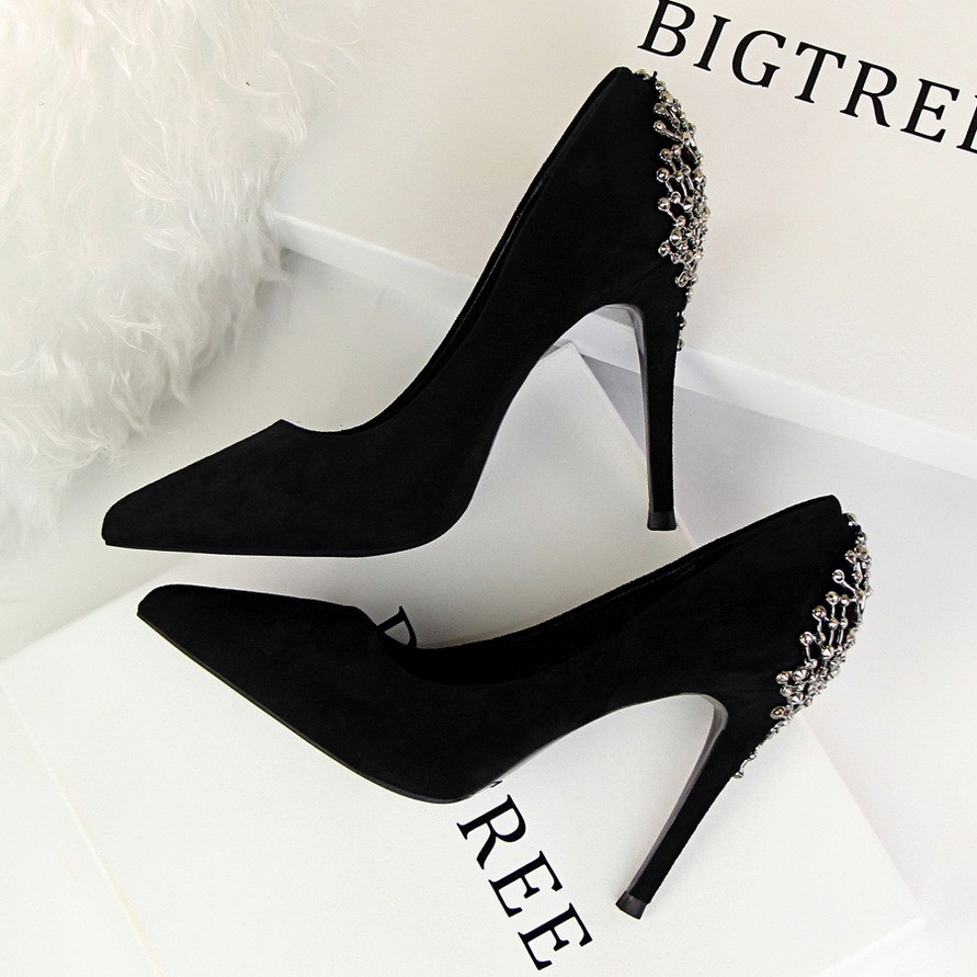 black pointed high heels