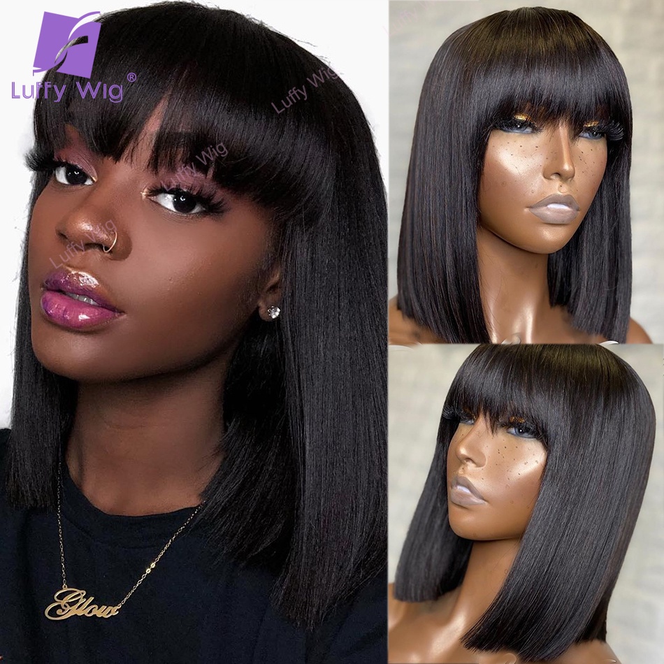 Short Bob Human Hair Wigs With Bangs Indian Remy Hair Machine Made Wig  Straight Glueless For Black | Shopee Philippines