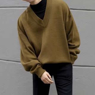 【Ready Stock】Sweater for men's Korean version long-sleeved V-neck knitted sweater trendy fashion casual loose sweater solid color versatile simple knitted top