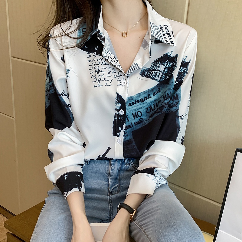 QIEQING long sleeve blouse for women printed retro fashion temperament ...