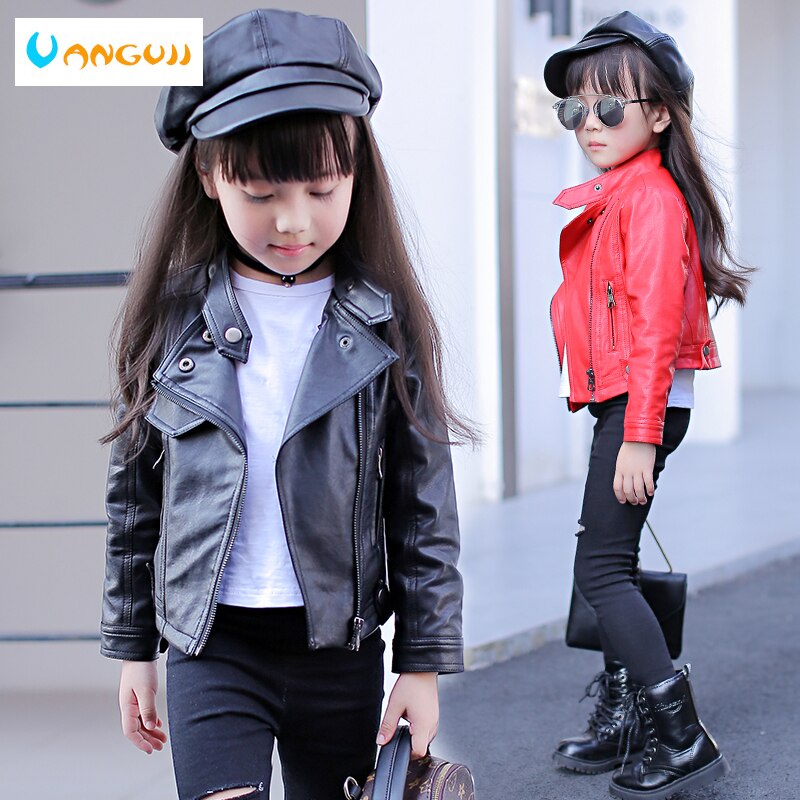 girls pu jacket rivet zipper cool Leather clothing for girls 4-13 years old Classic collar zipper leather motorcycle