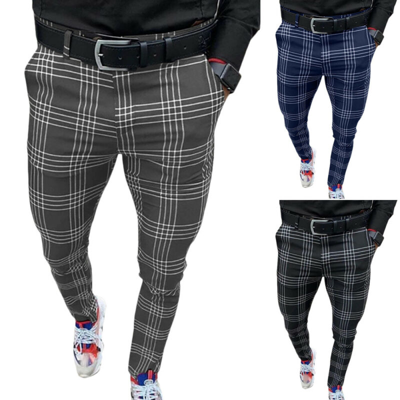 mens skinny fit check trousers