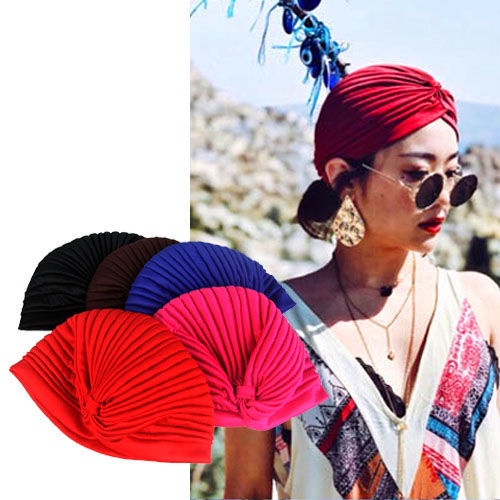 ﹍European and American big-name exotic retro pleated head cap female bohemian hippie solid color t
