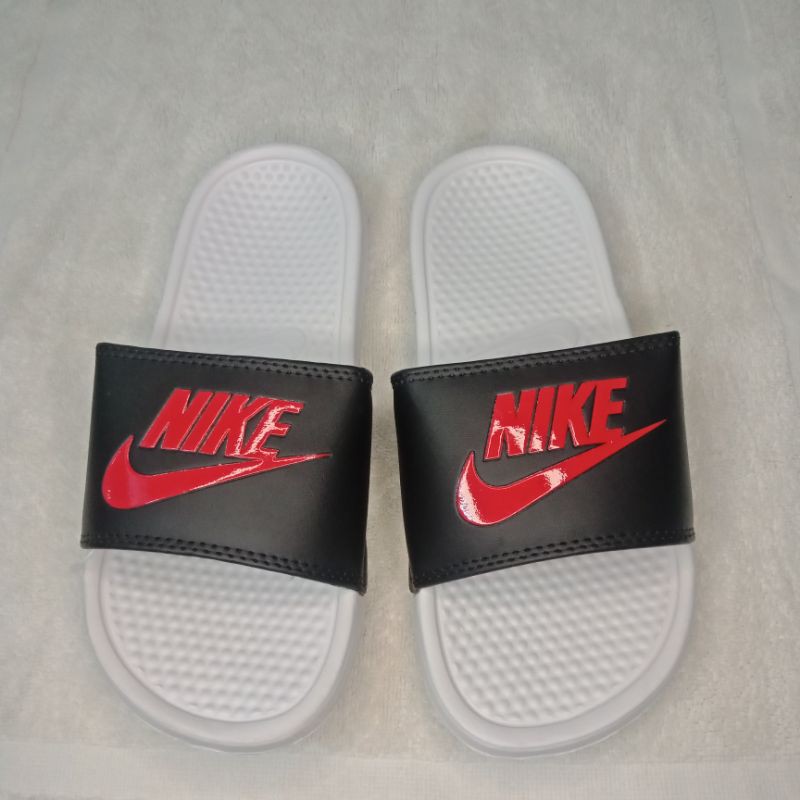 nike slides black red