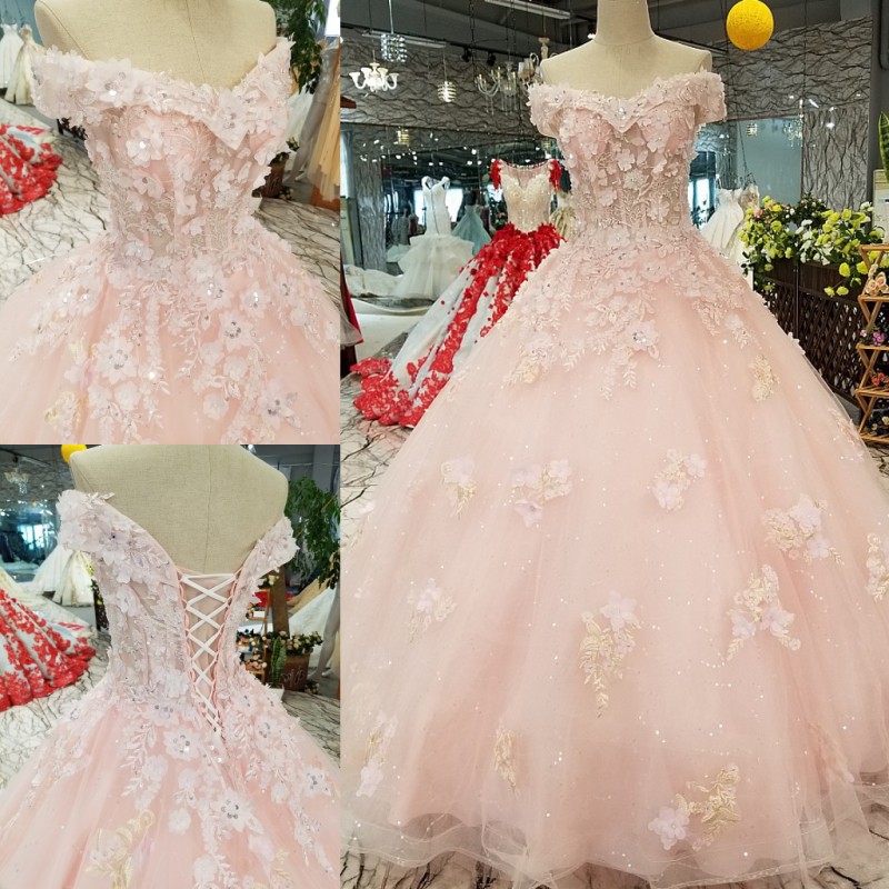 Customize Handmade Pink Lace Flower Wedding Gown Party Dress