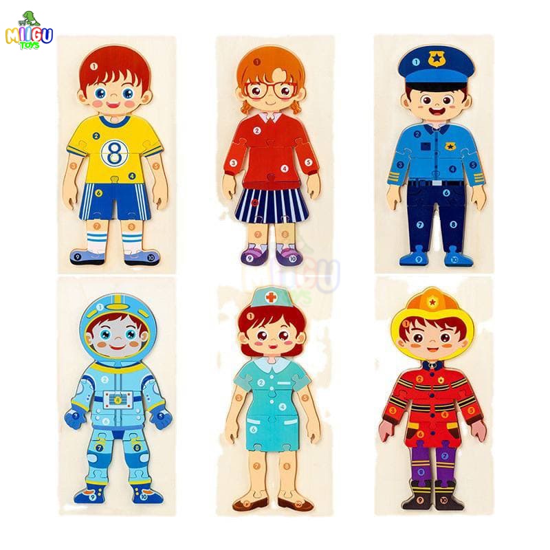 Miigu Toys Wooden Occupation Puzzle Character Cognitive Learning Board