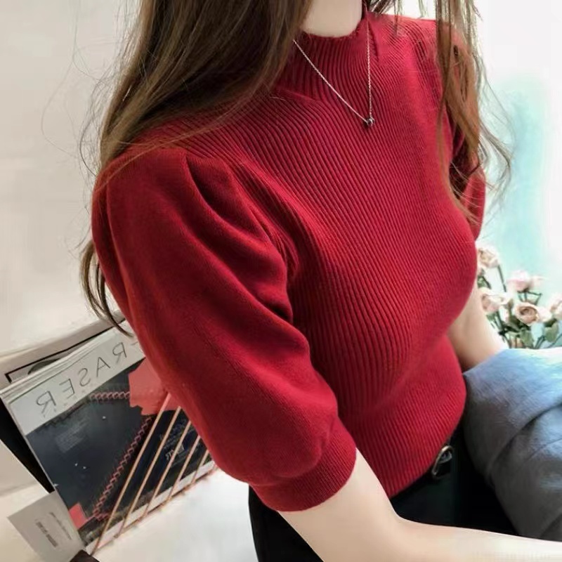 RM 816 PUFF SLEEVE KOREAN STYLE HIGH NECK KNITTED BLOUSE FOR WOMEN ...