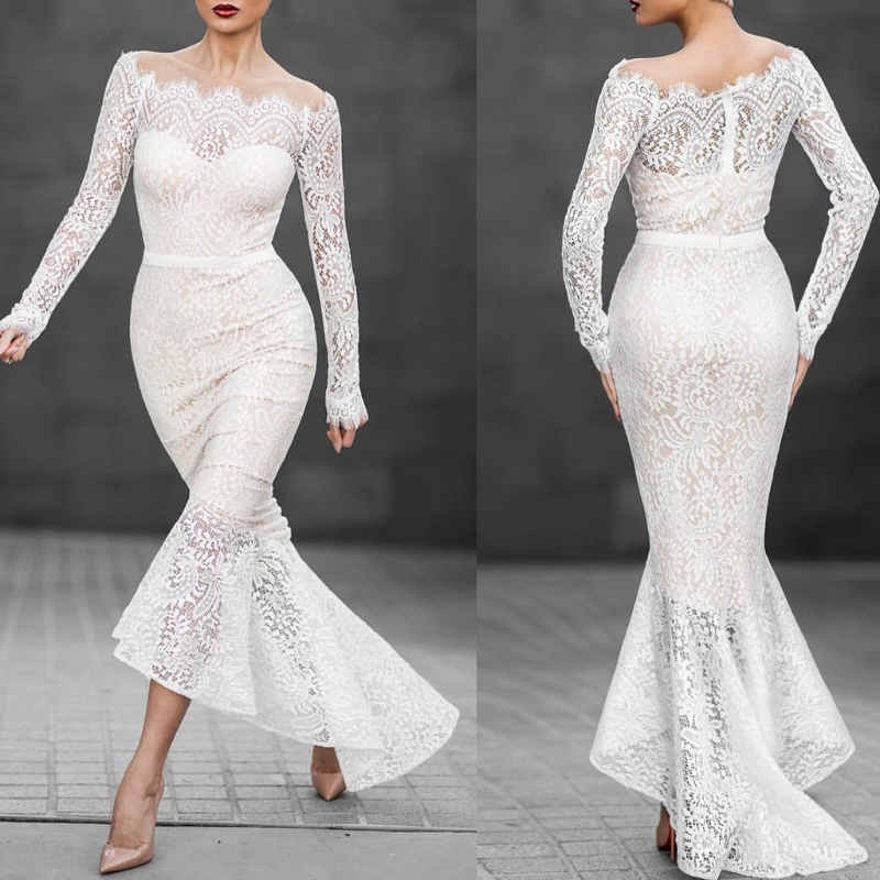 Women Long Sleeve Boat Neck Lace Fishtail Evening Prom White