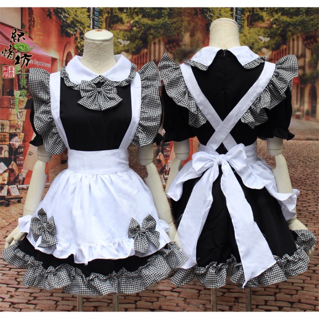 cosplay japanese anime maid dress cute princess dress black/white plaid bow  lolita maid costume