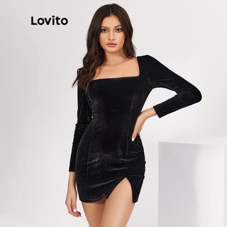 Lovito Casual Plain Split Square Neck Women Dress L18X204 (Black ...