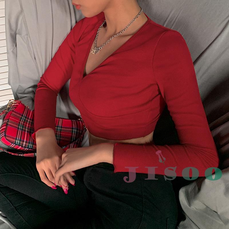 I It Shirt For Women Women S V Neck Long Sleeve Crop Top Sexy Solid Color Women S Tops Shopee Philippines