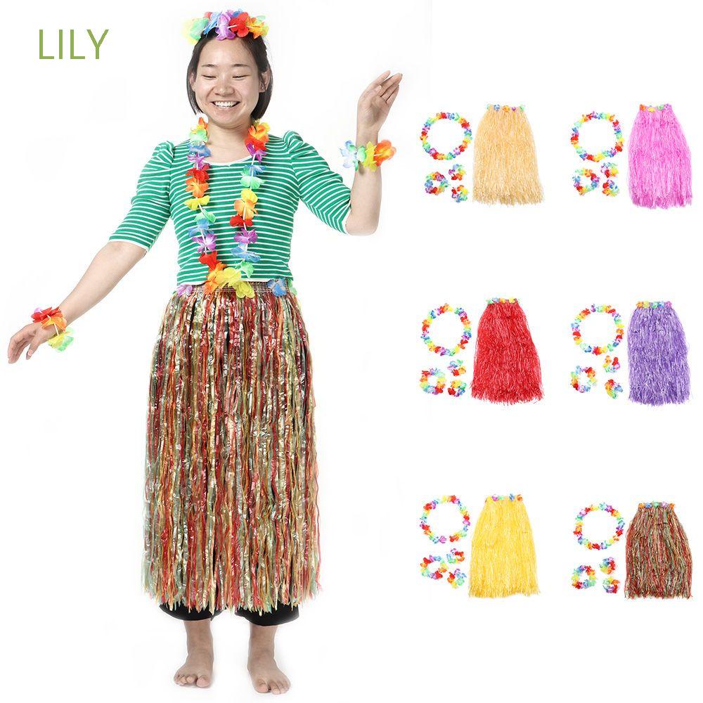 ✹✖LILY Ladies Hawaiian Hula Skirt Headband Wristbands Garland Lei Bra Fancy Dress Costume Flower Par #10
