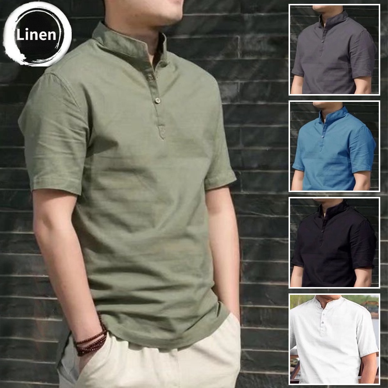 Summer plain vintage slim fit casual short sleeve shirt men baju ...