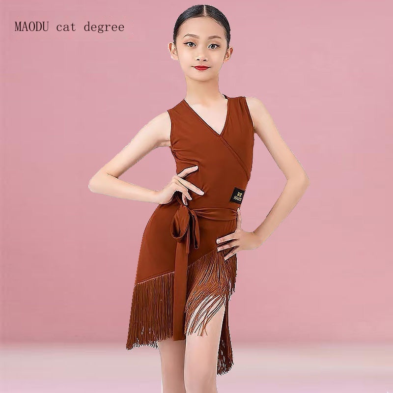 Cha-Cha Children S Latin Dance Practice Clothes Sleeveless Dress Female Professional Tassel Competition Performance